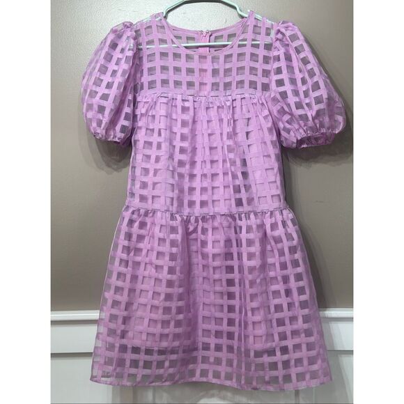English Factory NWT Lilac Purple Grid Puff Sleeve Mini Dress Women's Medium - Picture 2 of 13